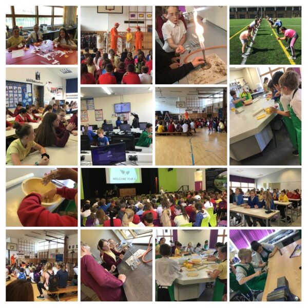 Photo collage of Year 6 pupils taking part in lessons, sport and a Welcome Year 6 assembly